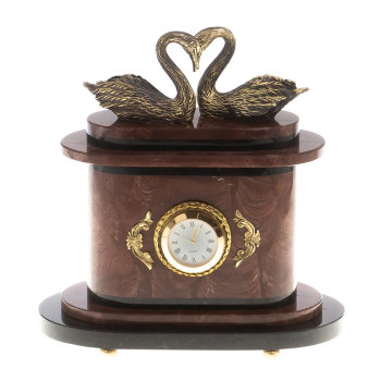 Настольные часы "Пара лебедей" из лемезита и бронзы (23,5 х 22,5 х 13 см)