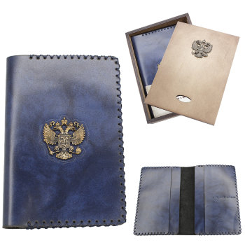 Обложка на паспорт "Герб России" из кожи и бронзы синего цвета