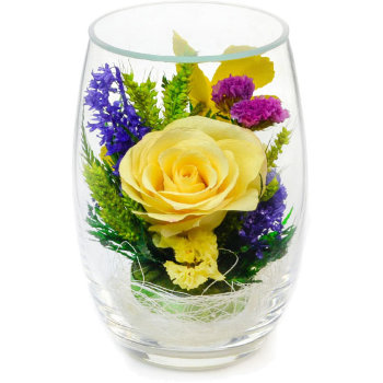 Жёлтые розы и орхидеи в стекле. (12 см)