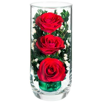 Композиция из трёх красных роз в стекле (17 см)