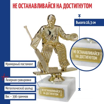 Статуэтка Хоккеист вратарь Не останавливайся на достигнутом на мраморном постаменте (16 см)