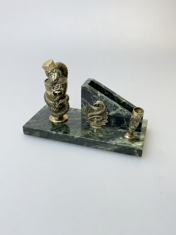 Визитница "Медицина" с подставкой для ручек, змеевик, бронза