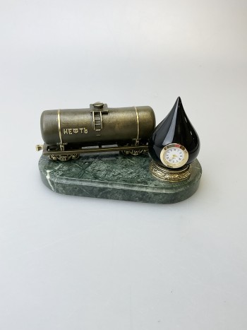 Настольные часы "Цистерна с нефтью", бронза, змеевик, акрил