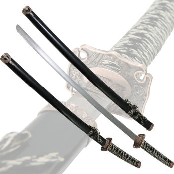 Набор из двух самурайских мечей с чёрными ножнами (катана, вакидзаси)