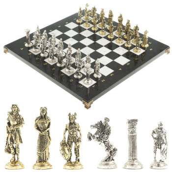 Шахматы "Римляне и Галлы" из мрамора и змеевика с металлическими фигурами (40 х 40 х 2,5 см)