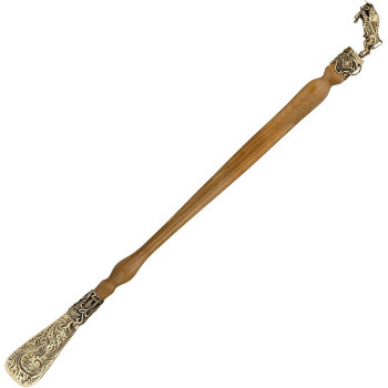 Длинная ложка для обуви "Бык" из бронзы и дерева с крючком (75 см)