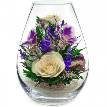 Белые розы и орхидеи в стекле (19 x 13.5 x 13.5 см)