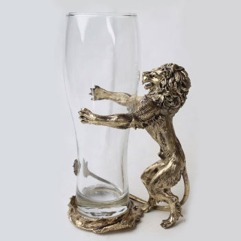 Пивной бокал "Царь лев" из стекла и латуни (500 мл)