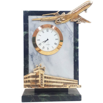Настольные часы "Гражданская авиация" из бронзы, змеевика и мрамора