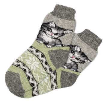 Тамбовские шерстяные носки "Котёнок и орнамент" (зеленые, размер 36-40)