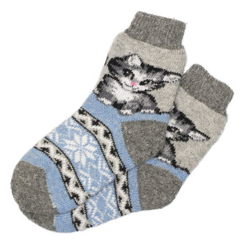 Тамбовские шерстяные носки "Котёнок и орнамент" (голубые, размер 36-40)