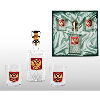 Графин "Герб России" c двумя бокалами для виски с алюминиевыми барельефами