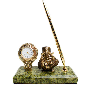 Настольный письменный прибор "Сова-доктор" с часами (бронза, змеевик, г. Златоуст)