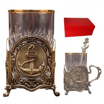 Латунный подстаканник "Якорь" со стаканом и ложечкой в подарочной коробке