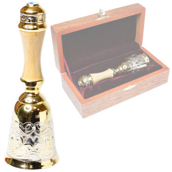 Латунный колокольчик с позолотой и деревянной ручкой с фианитом в футляре (13 см, Златоуст)