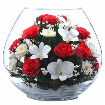 Красные розы и орхидеи в стекле. (30 см)
