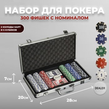 Набор для покера в кейсе, 300 фишек с номиналом (28 х 20 х 7 см)