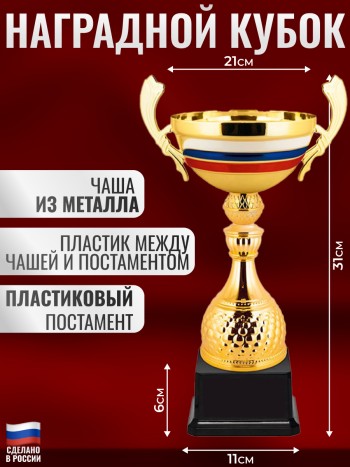 Наградной спортивный кубок "Триколор" на пластиковом постаменте (29 см)