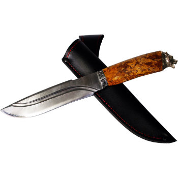 Нож "Медведь" из дамасской стали с рукоятью из карельской берёзы и кожаными ножнами