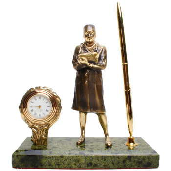 Настольный письменный прибор "Женщина-врач" с часами (бронза, змеевик, г. Златоуст)
