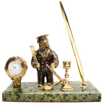 Письменный прибор "Медведь-железнодорожник" с часами из бронзы и змеевика (г. Златоуст)