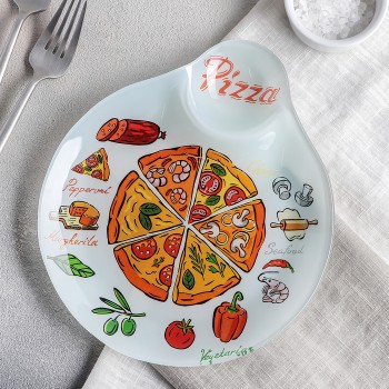 Стеклянное блюдо "Pizza" для подачи пиццы с соусником (22 см)