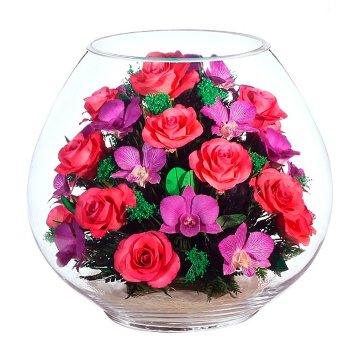 Розовые розы и орхидеи в стекле. (30 см)