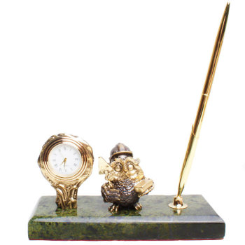 Настольный письменный прибор "Сова-строитель" с часами (бронза, змеевик, г. Златоуст)