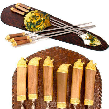 Подарочный набор шампуров "Дикие звери" в кожаном колчане (6 штук)