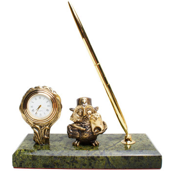 Настольный письменный прибор "Сова-стоматолог" с часами (бронза, змеевик, г. Златоуст)