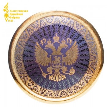Настенная гравюра "Герб России" на стали с позолотой (30 см, Златоуст)