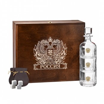 Графин "Герб России" c двумя бокалами и камнями для виски в деревянной шкатулке (500 мл)