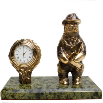 Настольные часы "Медведь-строитель" из бронзы и змеевика (Златоуст)