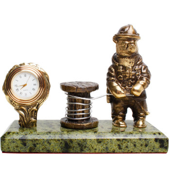 Настольные часы "Медведь-энергетик" (бронза, змеевик, г. Златоуст)
