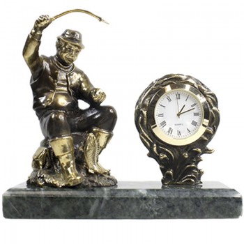 Настольные часы "Рыбак" из бронзы и змеевика (Златоуст)
