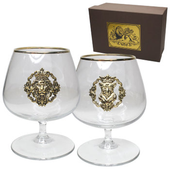Набор из двух бокалов для коньяка "Лев и львица" в подарочной коробке (420 мл)