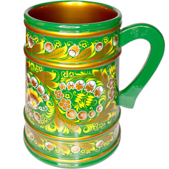 Деревянная пивная кружка "Хохломская" зелёного цвета (2000 мл, ручная роспись)