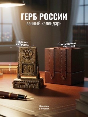 Вечный календарь "Герб России" из бронзы с перекидной датой