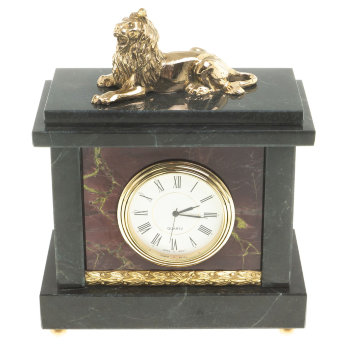 Настольные часы "Лев" из бронзы и яшмы (16 х 13 х 7 см)