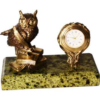 Настольные часы «Мудрый филин» из бронзы и змеевика (15,5 х 12 х 7 см)