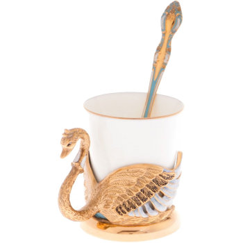 Кофейная чашка "Лебедь" с ложечкой из фарфора и бронзы с позолотой (80 мл)