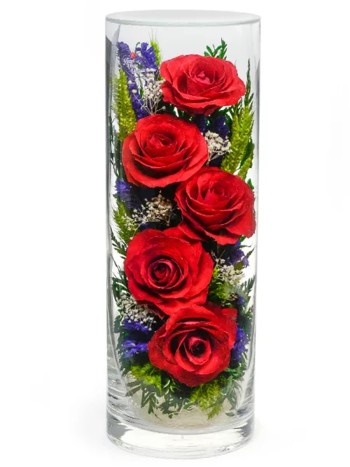 Композиция из роз в стекле (выс. 25 см, диам. 9 см)