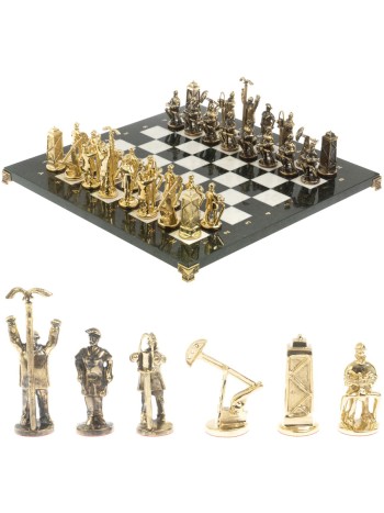Подарочные шахматы "Нефтяники", бронза, мрамор, змеевик (44 х 44 см)