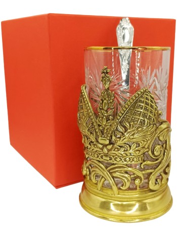 Подстаканник "Королевский" со стаканом и ложкой в коробке, латунь