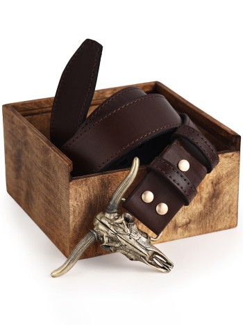 Кожаный ремень "Череп буйвола" с латунной фурнитурой (140 см)