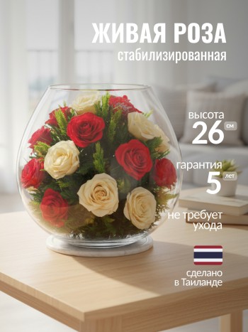 Композиция из натуральных роз в стекле (выс. 26 см, диам. 27 см)