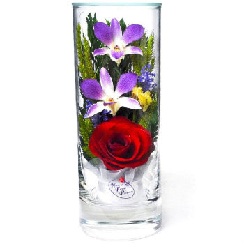 Красная роза и орхидея в стекле. (16 x 6 x 6 см)
